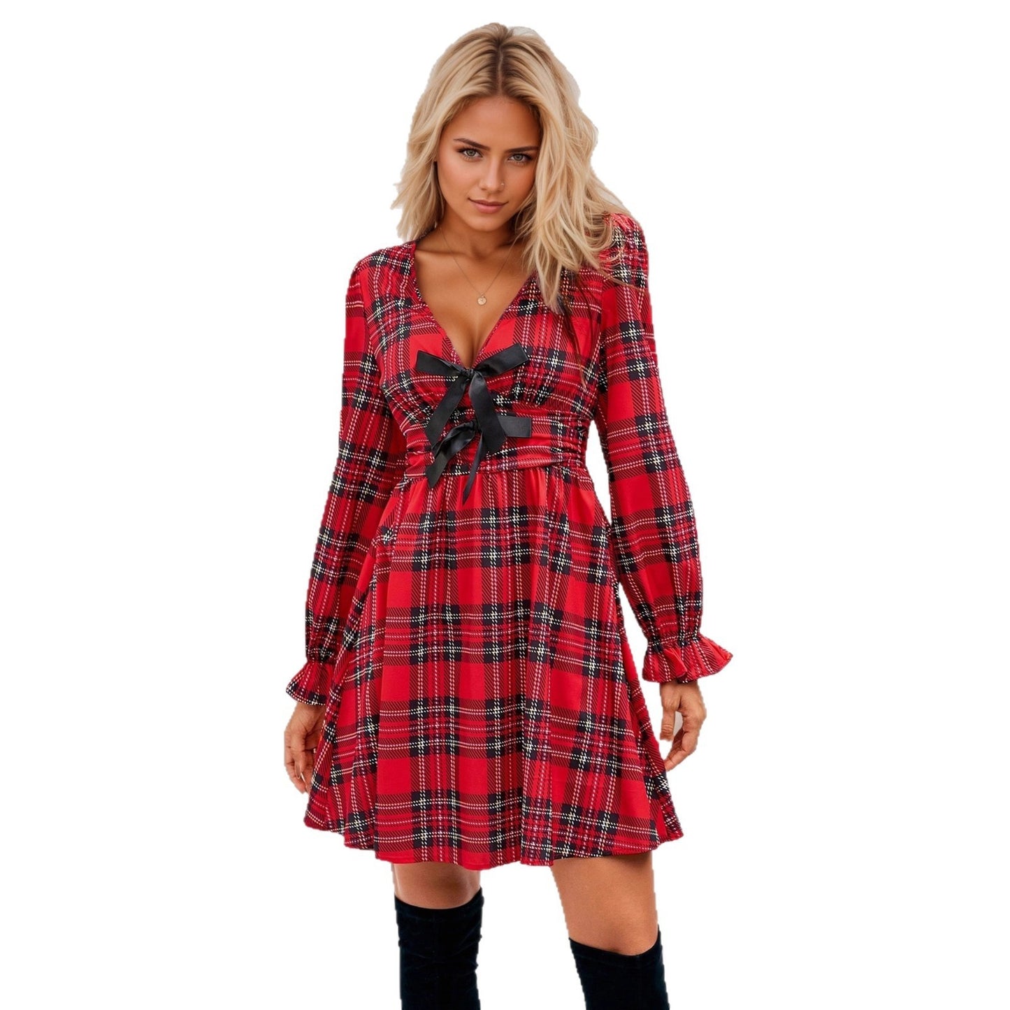 Robe Noël Lumière™ – Col V & Manches Lanternes à Motif Carreaux