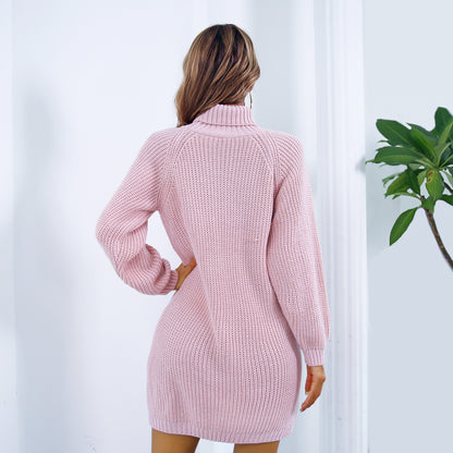 Robe Pull Col Roulé Élégance™ – Robe Tricotée Hiver Femme avec Boutons Décoratifs