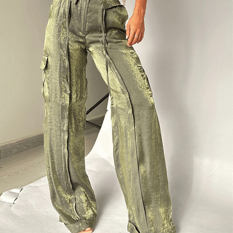 Pantalon droit fluide tissu brillant Liberty™ couleur Vert armée