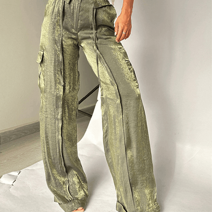 Pantalon droit fluide tissu brillant Liberty™ couleur Vert armée