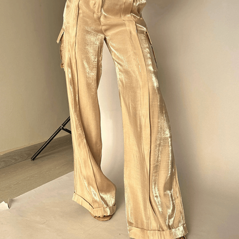 Pantalon droit fluide tissu brillant Liberty™ couleur or