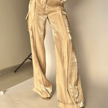 Pantalon droit fluide tissu brillant Liberty™ couleur or