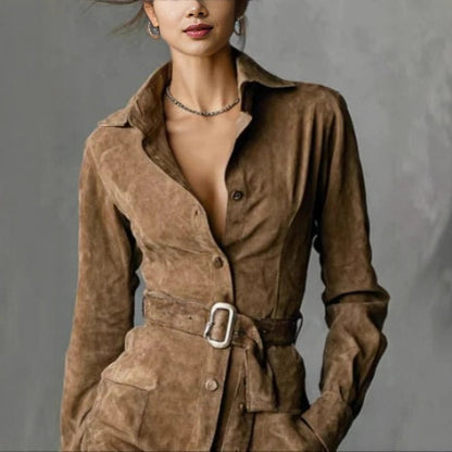 Robe Chemise Élégance™ – Manches Longues avec Ceinture Effet Sergé